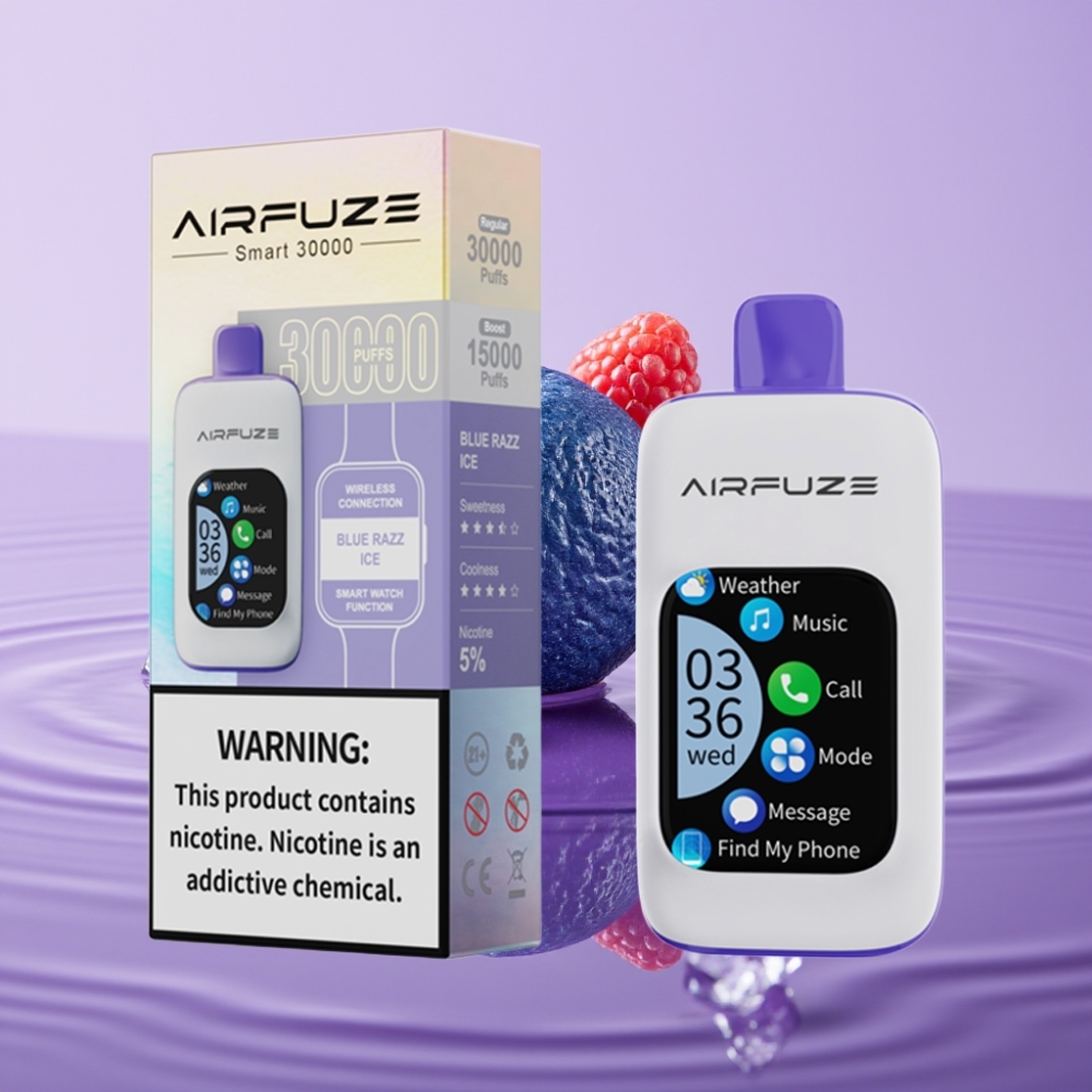 AirFuze Smart 30000 Puffs Disposable Pod - توت أزرق مثلج، شاشة تعمل باللمس، 5 نيكوتين، 900mAh