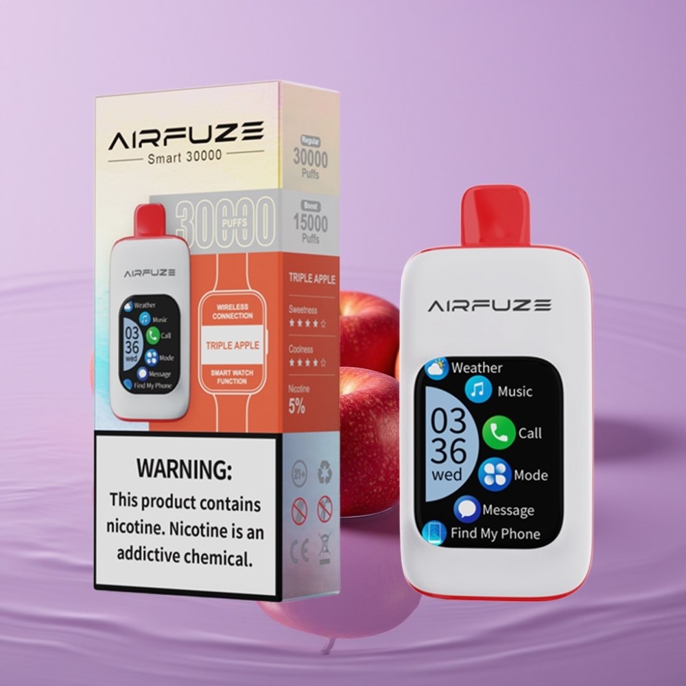 AirFuze Smart 30000 Puffs Disposable Pod تفاح ثلاثي - شاشة لمس 201 بوصة، 5 نيكوتين، 900mAh