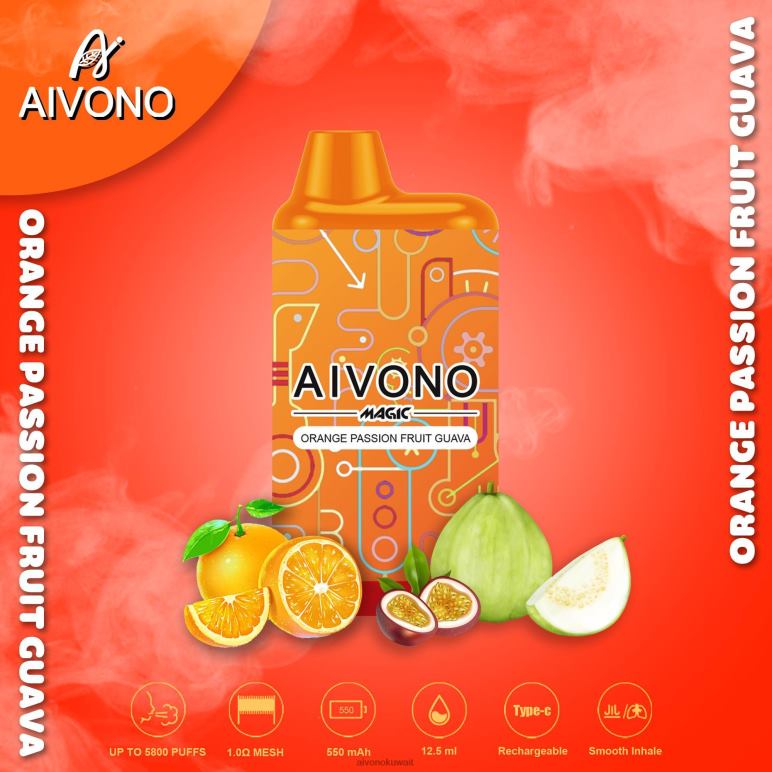 Aivono AIM MAGIC 5800 علبة سجائر بالفم برتقال باشن فروت جوافة - RF62V90 Aivono Vape Review