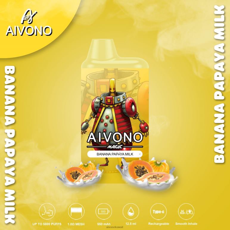 Aivono AIM MAGIC 5800 علبة سجائر بالفم حليب الموز والبابايا - RF62V94 Aivono Vape Review