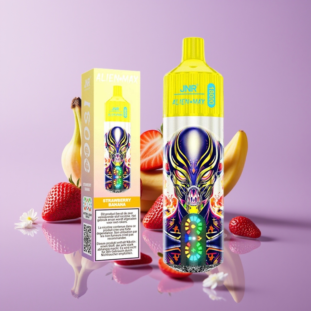 JNR Alien Max 18000 Puffs ستروبيري موز - شاشة LED ذكية، 850mAh، 28ml، شحن Type-C