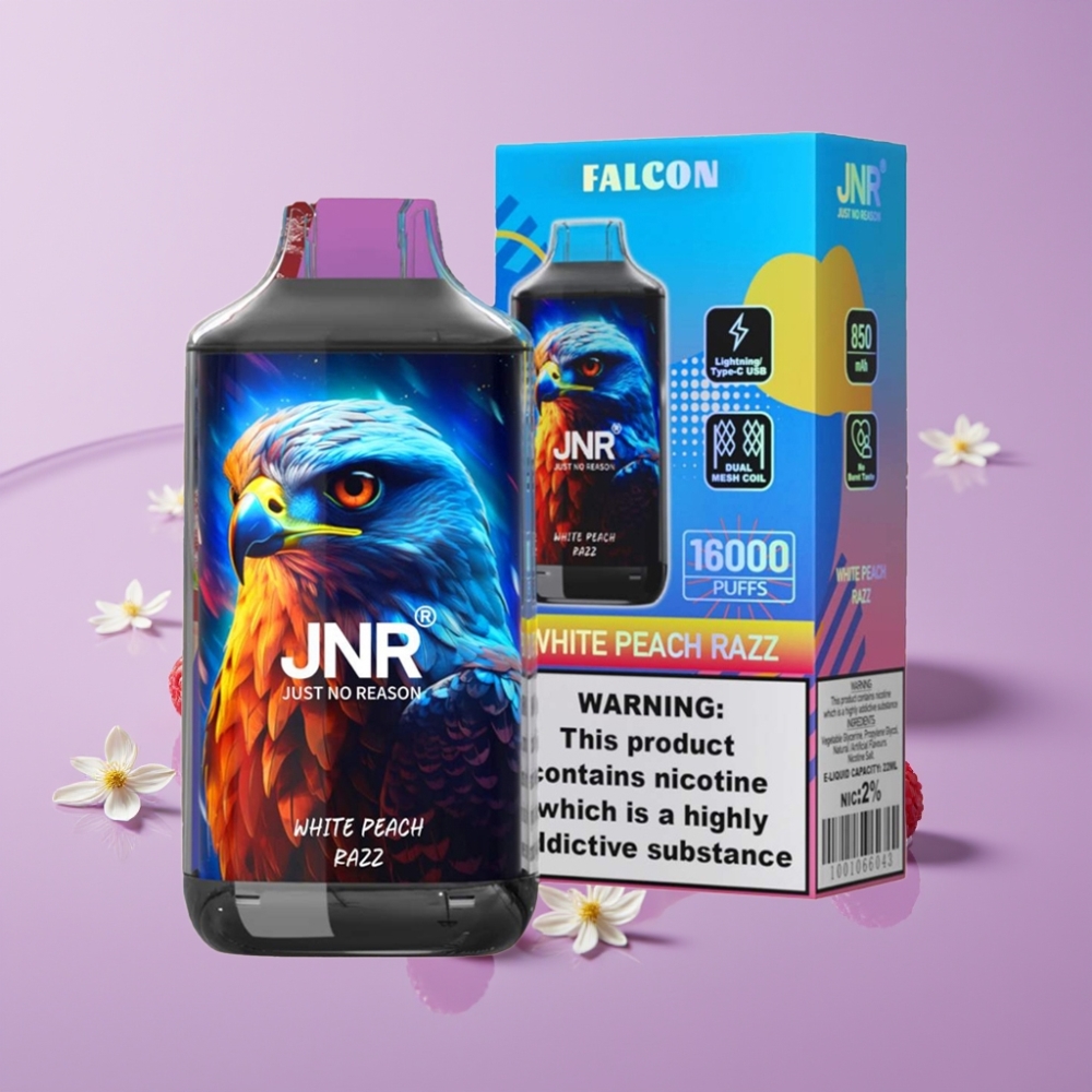 JNR Falcon 16000 Puffs - خوخ أبيض وتوت - 22مل، شاشة LED، شحن Type C