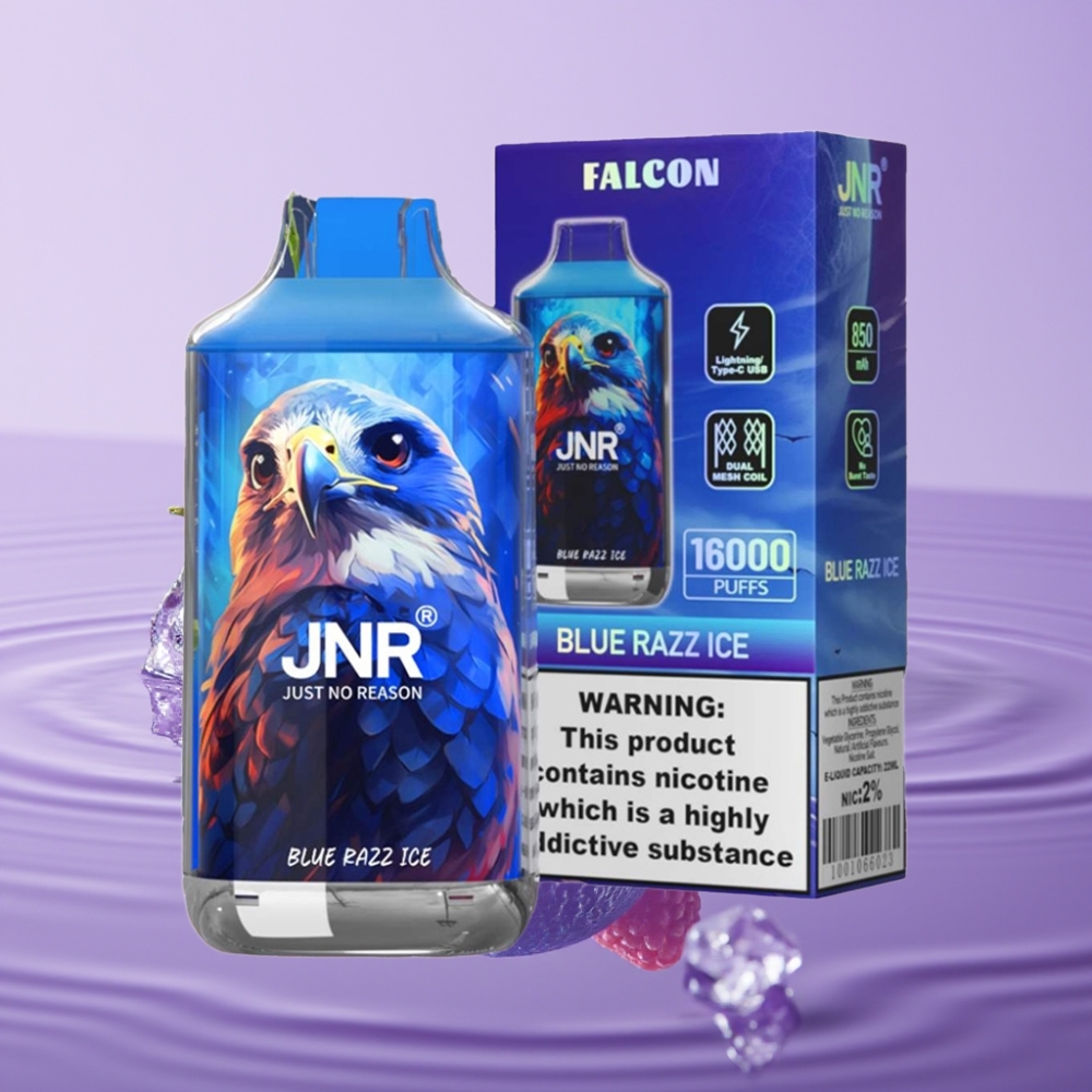 JNR Falcon 16000 Puffs تبغ إلكتروني - توت أزرق مثلج، 22مل، شاشة LED، شحن Type C
