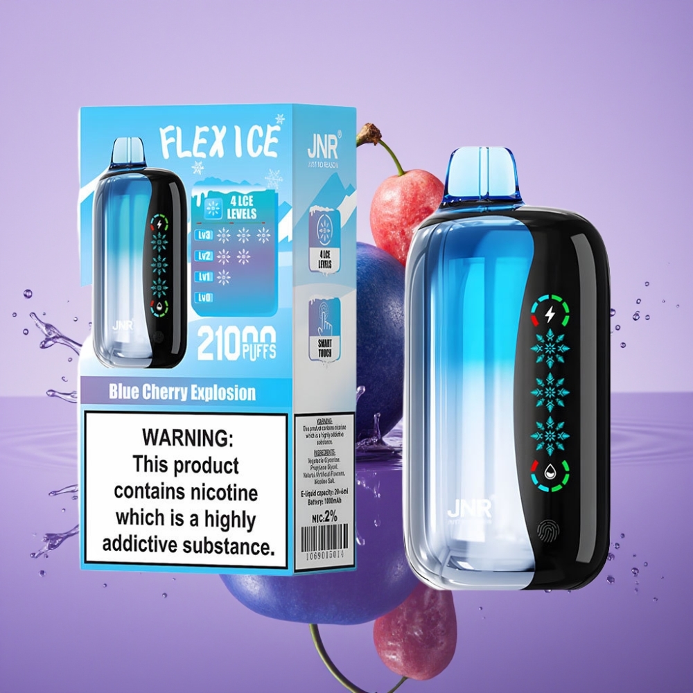 JNR Flex Ice 21000 نفخة سيجارة إلكترونية ذات استخدام لمرة واحدة - انفجار الكرز الأزرق، شاشة لمس، 26مل، 12 أوم