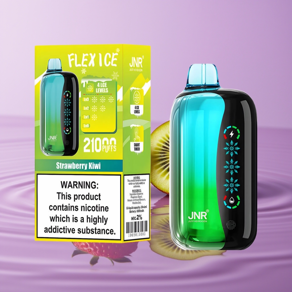 JNR Flex Ice 21000 نَفثات سيجارة إلكترونية فراولة كيوي، 26 مل، شاشة لمس، 12 أوم