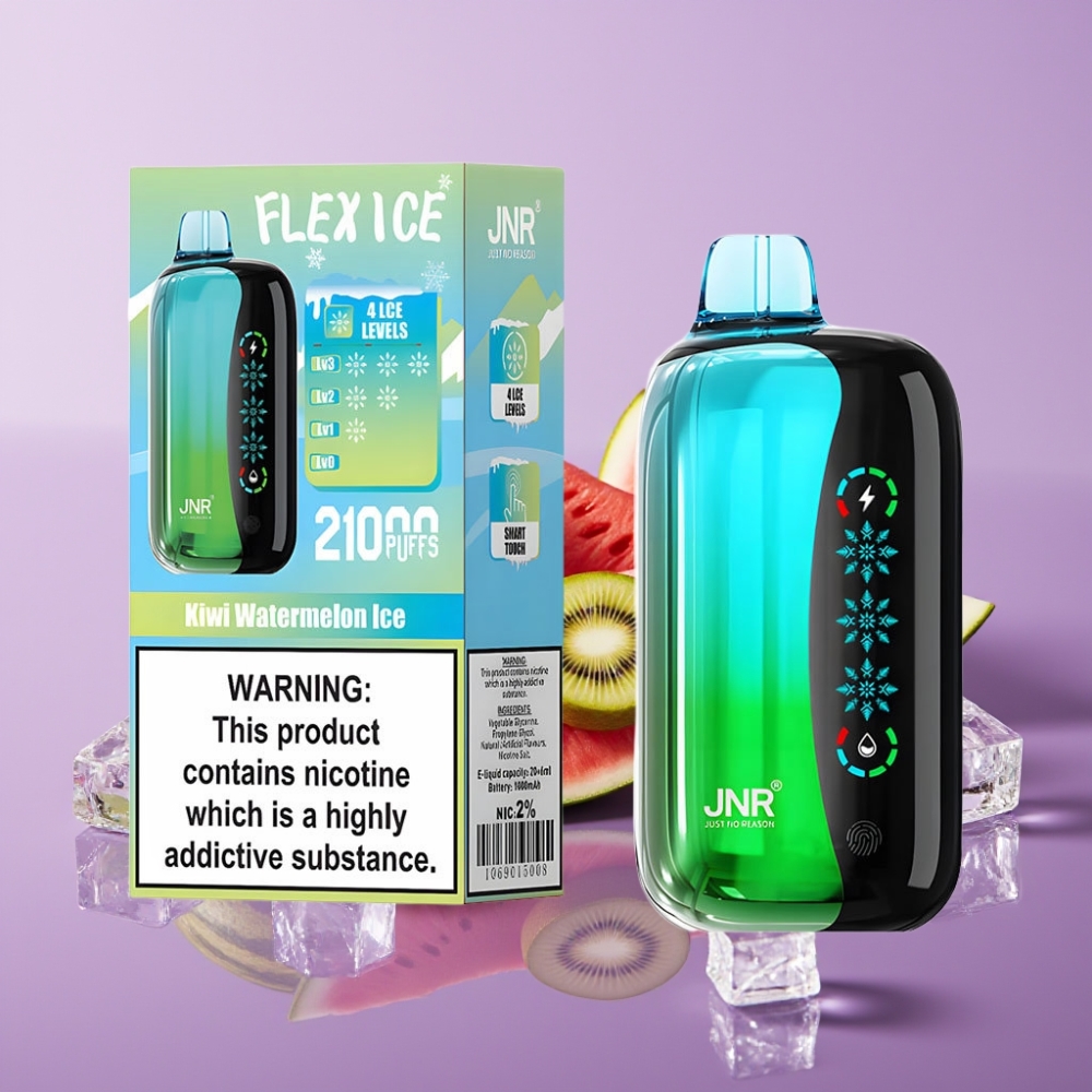JNR Flex Ice 21000 نَفثات سيجارة إلكترونية قابلة للتخلص منها بنكهة الكيوي والبطيخ المثلج - 26مل، شاشة لمس، شحن Type-C