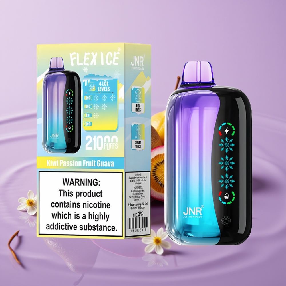 JNR Flex Ice 21000 نَفَثات تبخير قابل للتخلص منه بنكهة الكيوي والباشن فروت والجوافة - 26مل، شاشة لمس، شحن Type-C
