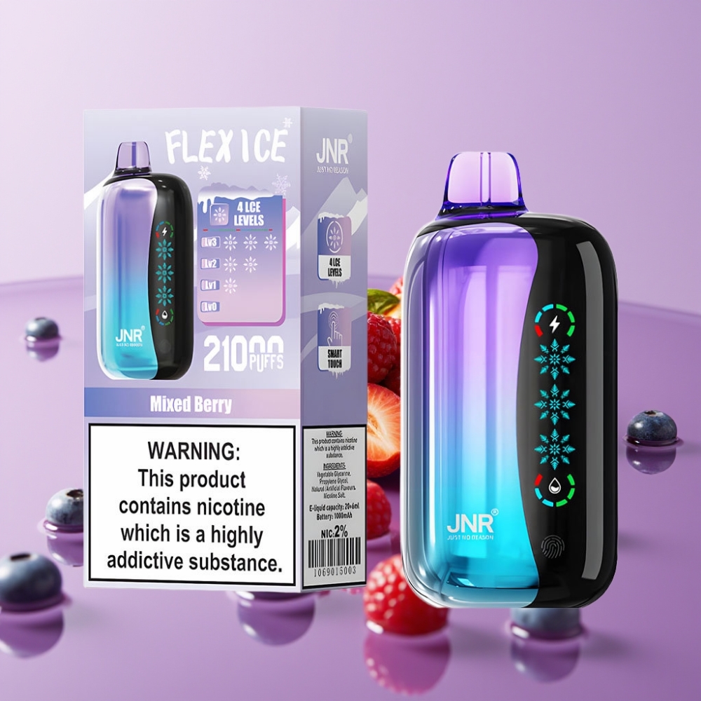 JNR Flex Ice 21000 نَفَثات سيجارة إلكترونية قابلة للتصريف بنكهة التوت المختلط - 26مل سائل، شاشة لمس، 12 أوم
