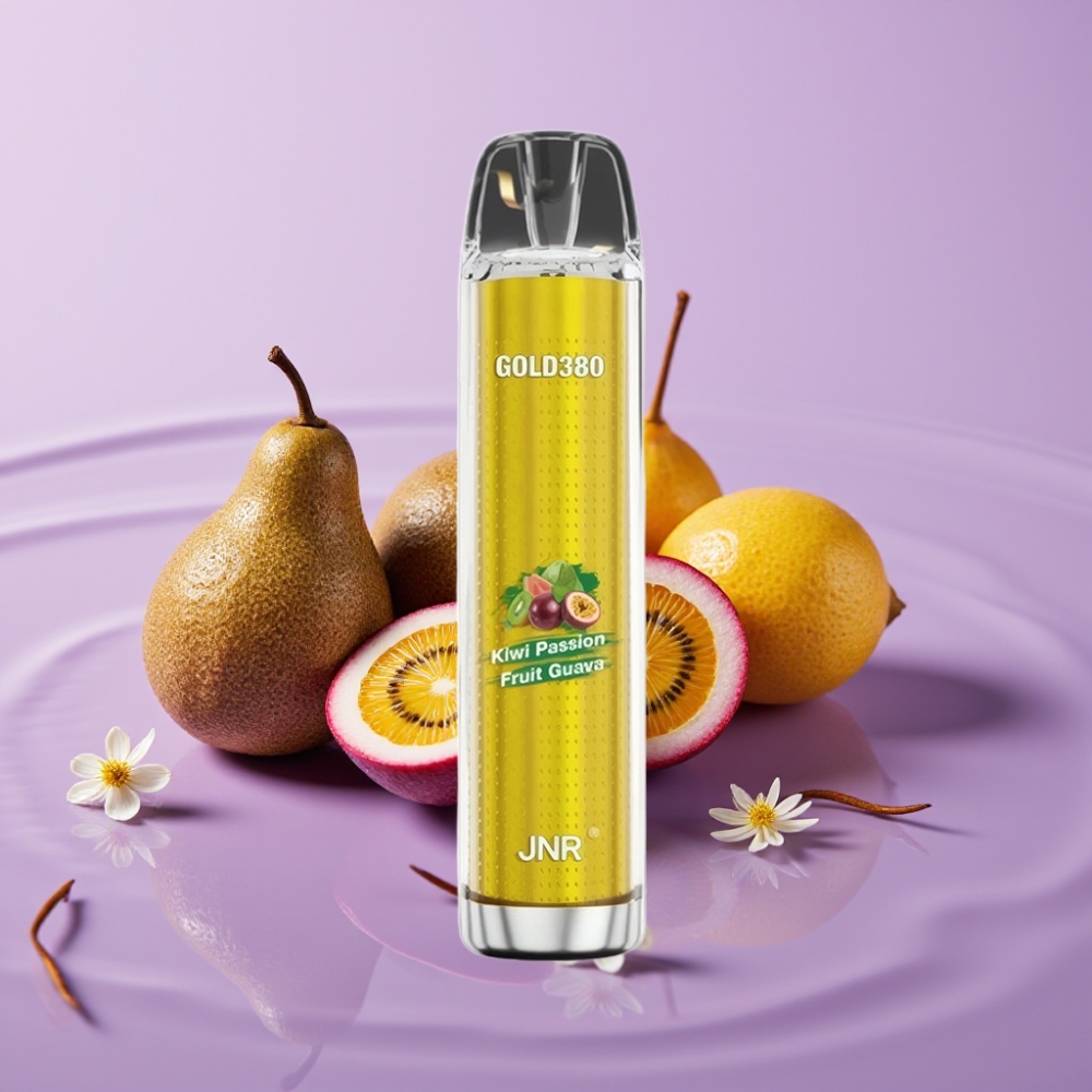 JNR Gold380 6000 نفث جهاز تبخير قابل للتخلص منه بنكهة الكيوي والباشن فروت والجوافة - 6000 نفث، 1500 مللي أمبير، 13 مل