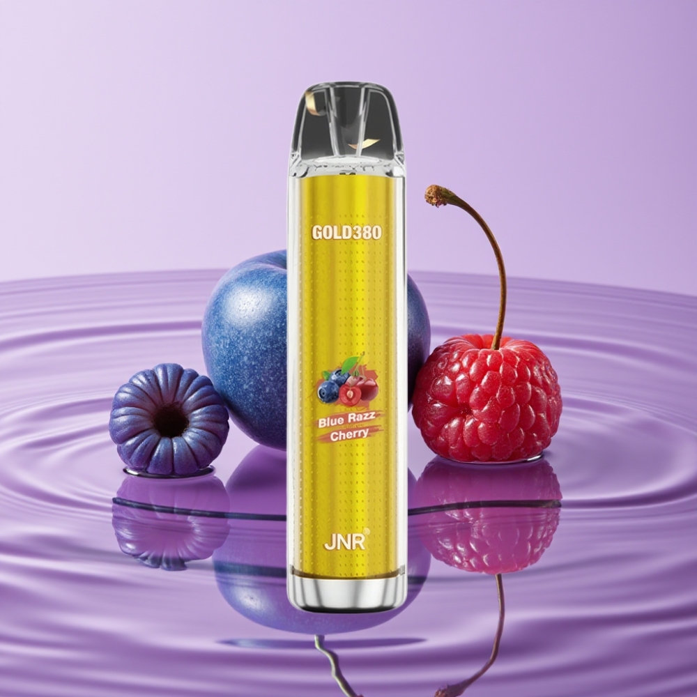 JNR Gold380 6000 نفخة تبخير قابل للتخلص بنكهة التوت الأزرق والكرز - 6000 نفخة، 1500 مللي أمبير، 13 مل