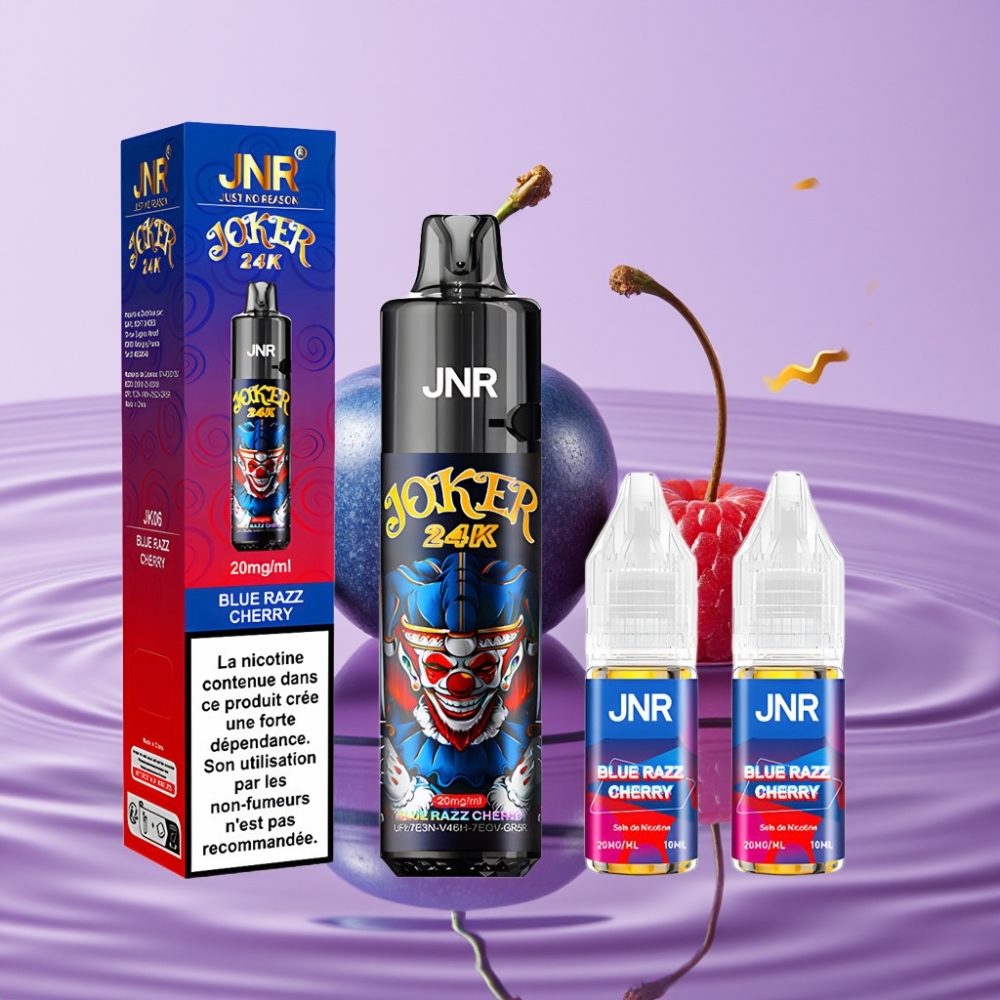 JNR Joker 24K Puffs Disposable Vape - بلو راز تشيري، 2 نيكوتين، 800mAh، شحن Type-C