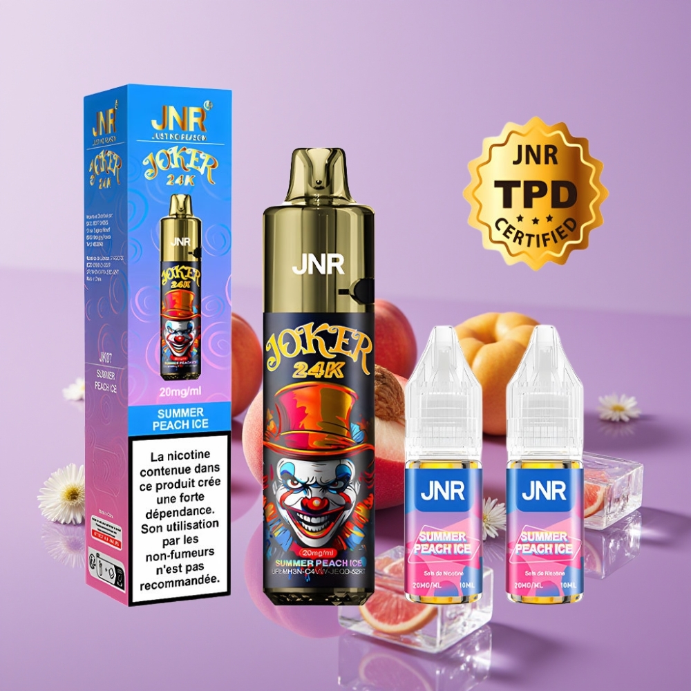 JNR Joker 24K Puffs Disposable Vape - خوخ صيفي مثلج، 24000 نفخة، 2 نيكوتين، شحن Type-C