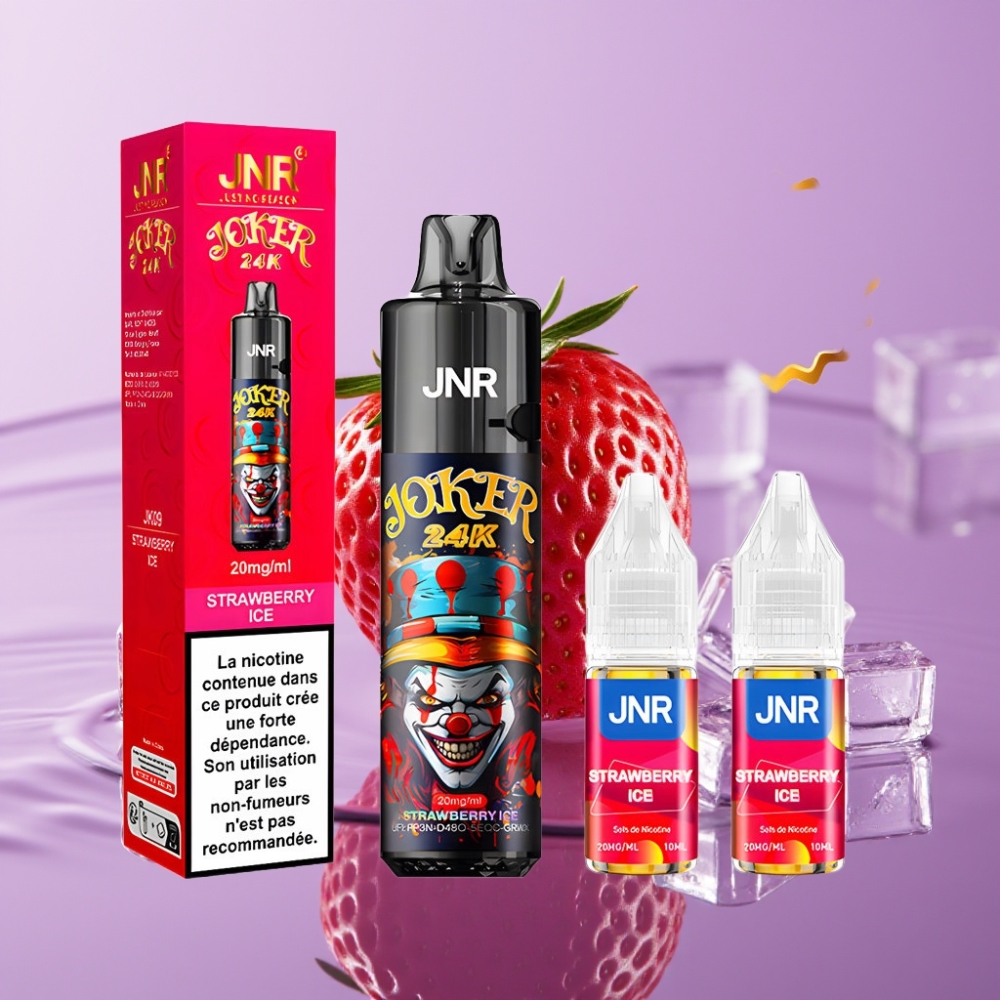 JNR Joker 24K Puffs Disposable Vape فراولة آيس - 2+10مل حشوة، بطارية 800 مللي أمبير، شحن Type-C