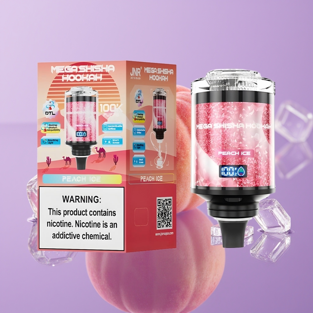 JNR Mega Shisha Hookah 100K نفخة، شاشة ذكية، 2200mAh - آيس كريم خوخ
