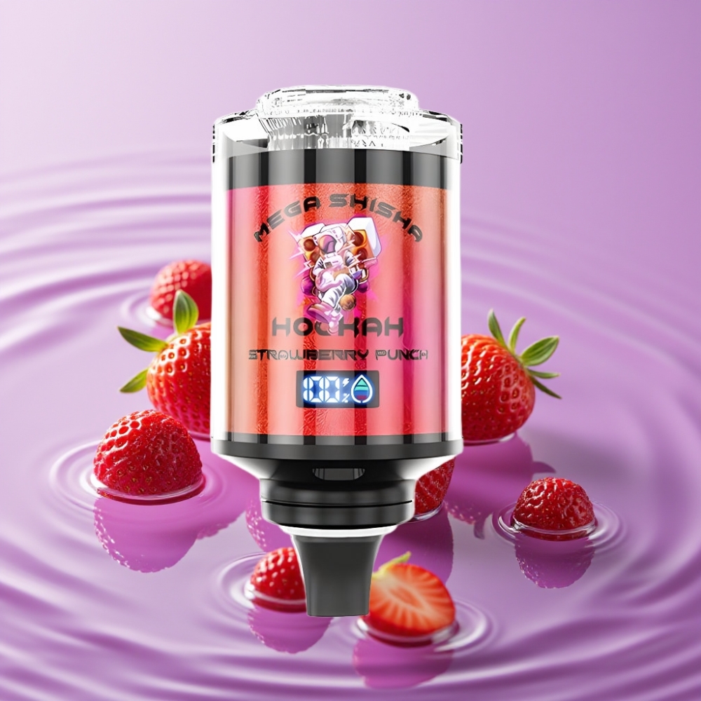 JNR Mega Shisha Hookah توافق مع سطح المكتب - فراولة بنش، 100000 نَفَس، شاشة ذكية، إضاءة
