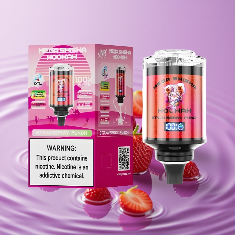 JNR Mega Shisha Hookah توافق مع سطح المكتب - فراولة بنش، 100000 نَفَس، شاشة ذكية، إضاءة