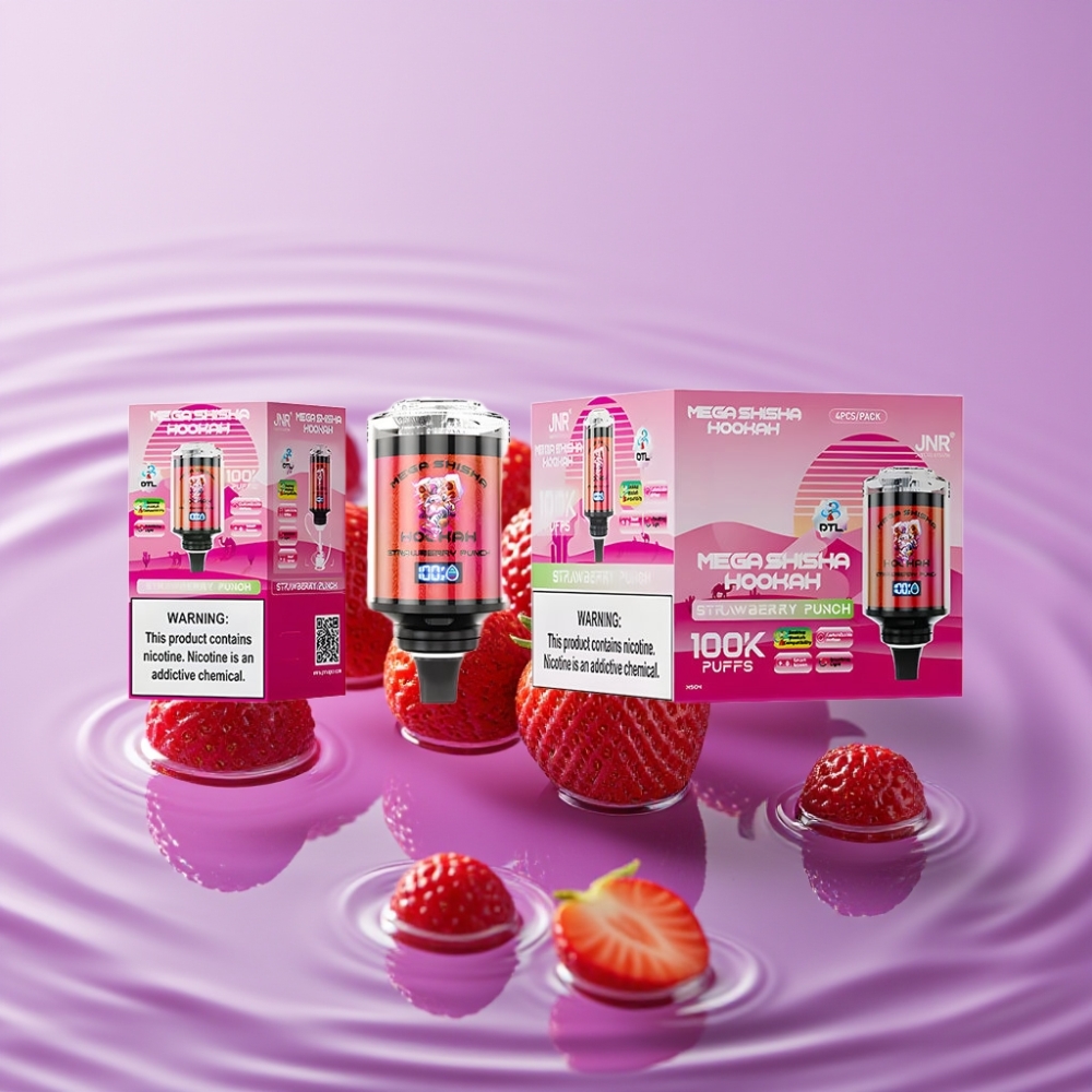 JNR Mega Shisha Hookah توافق مع سطح المكتب - فراولة بنش، 100000 نَفَس، شاشة ذكية، إضاءة