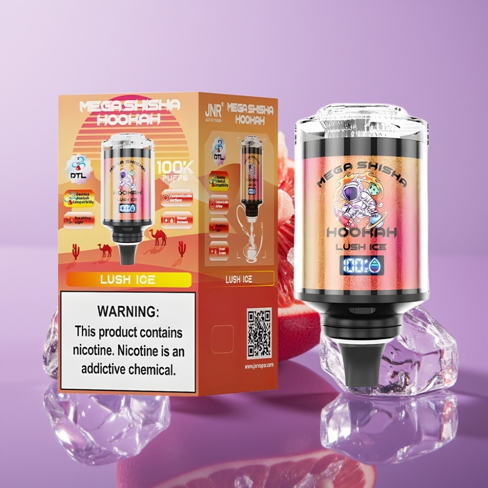 JNR Mega Shisha Hookah توافق مع سطح المكتب - لوش آيس - 100000 نفخة، 60 مل، شاشة ذكية