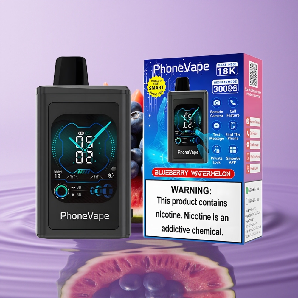 JNR PhoneVape 30000 نفخة شيشة إلكترونية قابلة لإعادة الشحن بطارية 850mAh بلوبيري وبطيخ