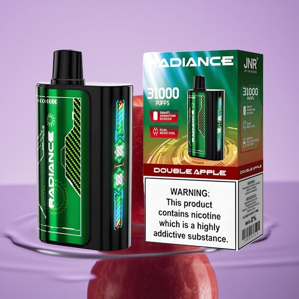 JNR Radiance 31000 نفخة تبخير قابل للتصرف بنكهة التفاح المزدوج - 28مل، شاشة ذكية، بطارية 950 مللي أمبير