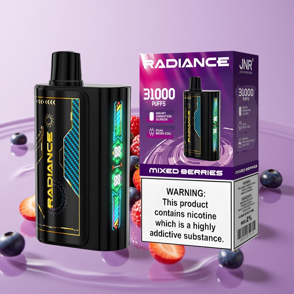 JNR Radiance 31000 نفخة تبخير قابل للتصريف بنكهة التوت المختلط - شاشة ذكية، 28مل، بطارية 950 مللي أمبير
