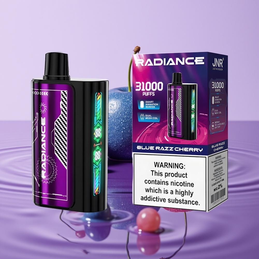 JNR Radiance 31000 نفخة جهاز تبخير استهلاكي بنكهة التوت الأزرق الكرز - 28مل، شاشة ذكية، بطارية 950 مللي أمبير
