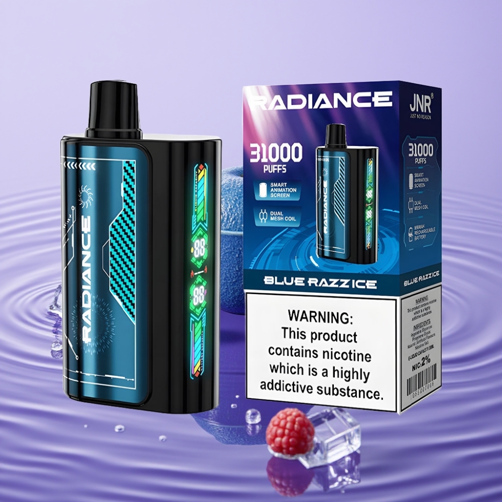 JNR Radiance 31000 نفخة جهاز تبخير قابل للتخلص منه بنكهة التوت الأزرق الجليدي - 28مل، شاشة ذكية، بطارية 950 مللي أمبير