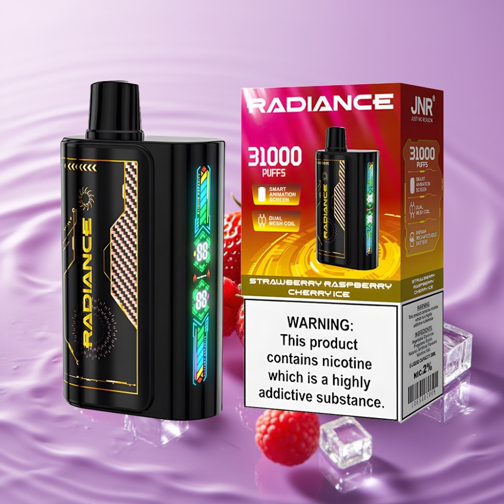 JNR Radiance 31000 نفخة جهاز تبخير قابل للتخلص منه – فراولة توت أحمر كرز مثلج، 28مل، شاشة ذكية، بطارية 950 مللي أمبير