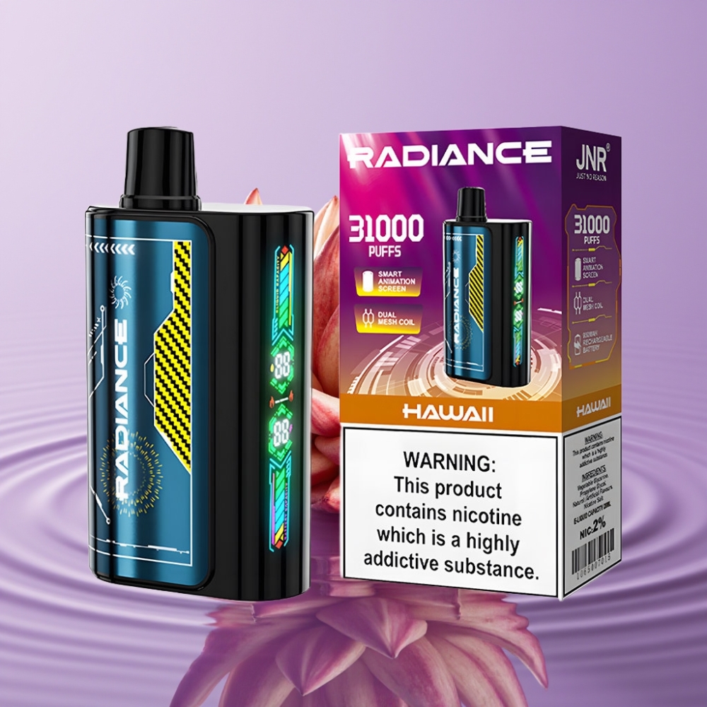 JNR Radiance 31000 نفخة جهاز تبخير قابل للتصرف بنكهة هاواي - 28مل، شاشة ذكية، بطارية 950 مللي أمبير