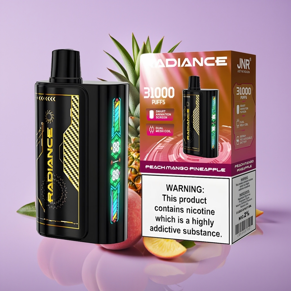 JNR Radiance 31000 نفخة جهاز تبخير قابل للرمي بنكهة الخوخ والمانجو والأناناس - 28مل، شاشة ذكية، بطارية 950 مللي أمبير