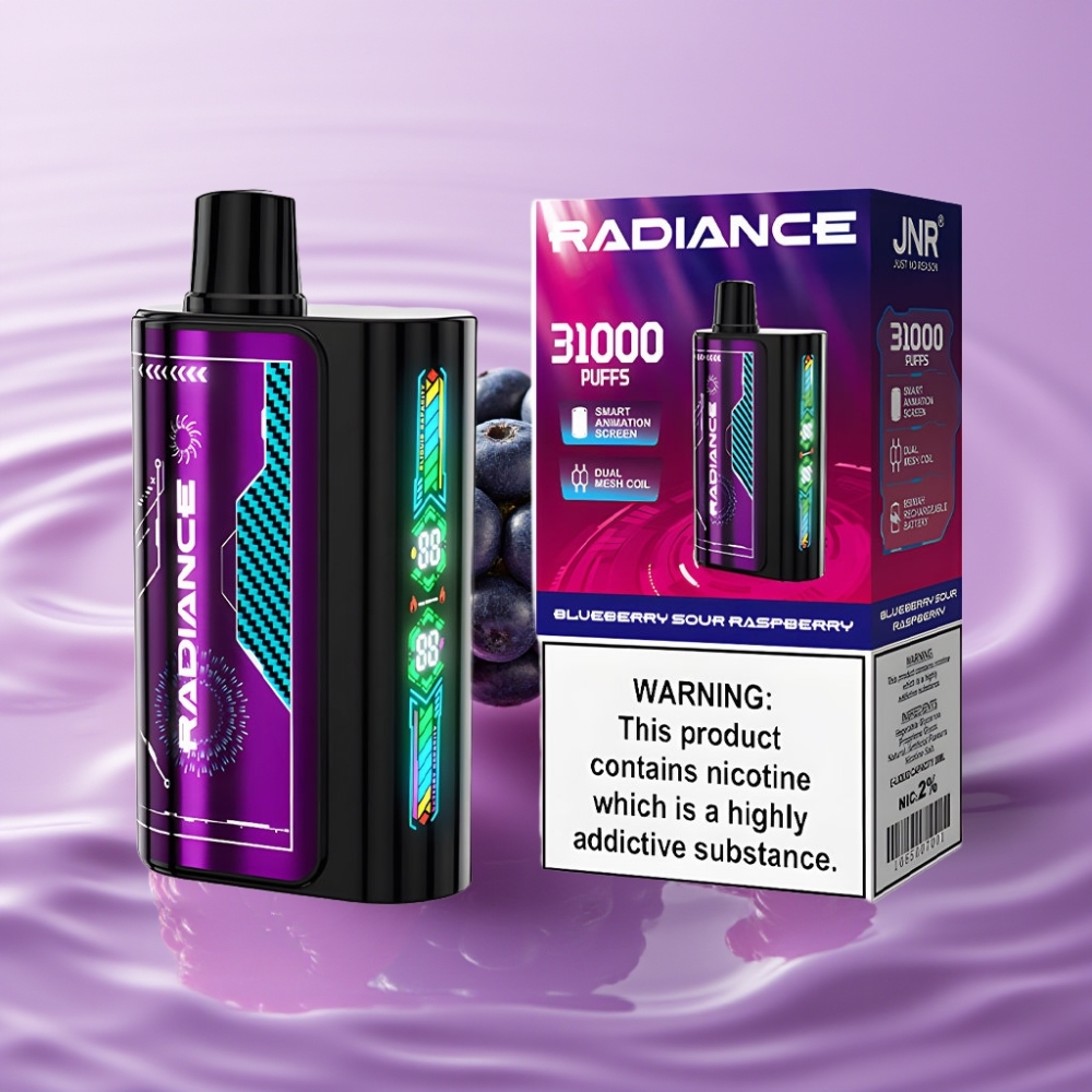 JNR Radiance 31000 نفخة جهاز تبخير لمرة واحدة - 28مل، شاشة ذكية، بطارية 950 مللي أمبير - توت أزرق حمضي توت العليق