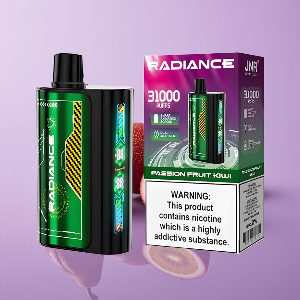 JNR Radiance 31000 نَفثات بخار قابل للتخلص منه فاكهة العاطفة والكيوي - 28مل، شاشة ذكية، بطارية 950 مللي أمبير