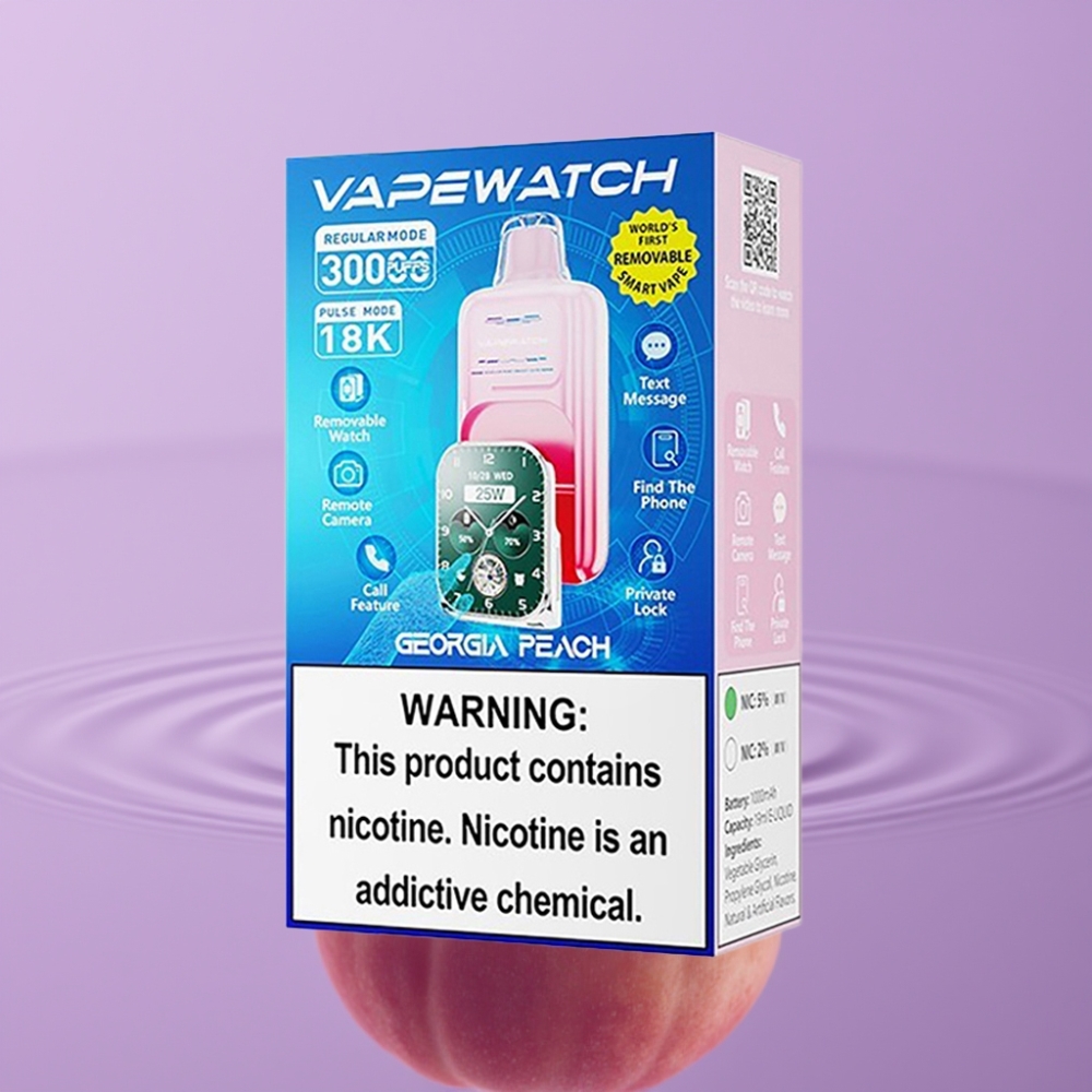JNR VapeWatch 30000 Puffs بخوخ جورجيا - 19مل، 1000مللي أمبير، شحن Type-C