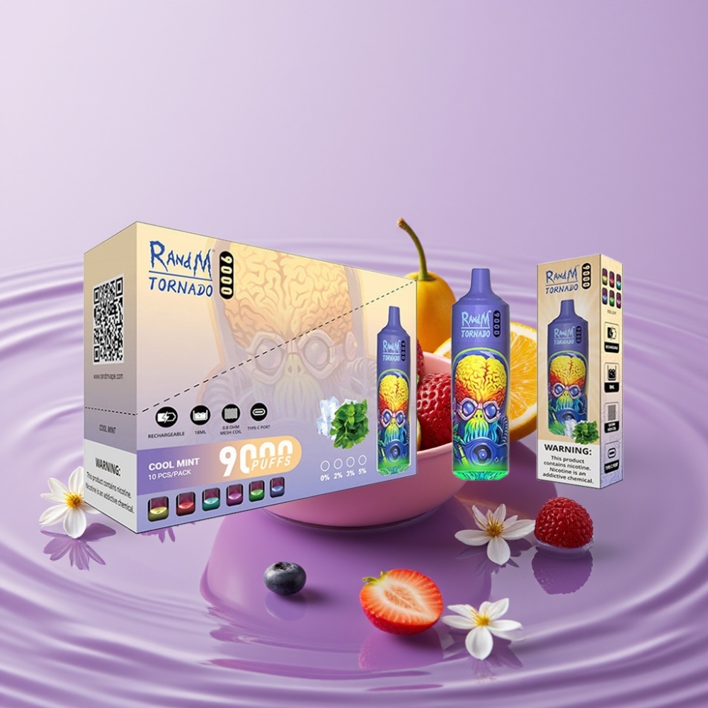 RandM Fumot Tornado 9000 نفخة - 18 مل عصير، شاشة RGB، 54 نكهة، نعناع منعش
