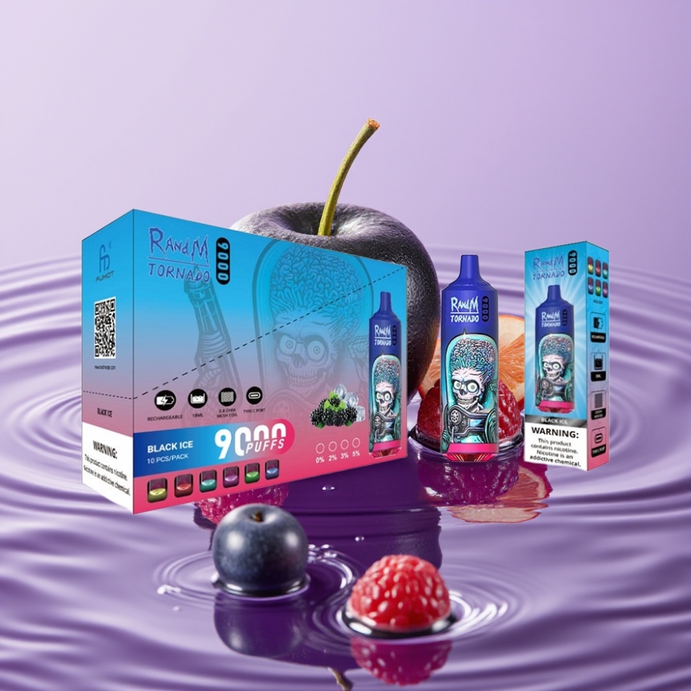 RandM Tornado 9000 Puffs - 850 مAh شاحن، 18 مل عصير، شاشة RGB - بلاك آيس